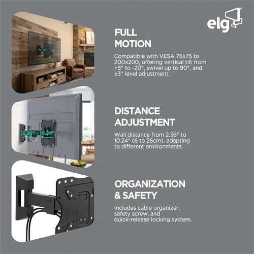 Image of ELG Full Motion TV Wall Mount for TVs 15'' to 58'', Holds up to 66.1lbs, 6-Way Swivel Tilt Cantilever | Boost Viewing with LED /LCD /Plasma Precision | Easy Setup, Sleek Modern Look! FULL20,Black