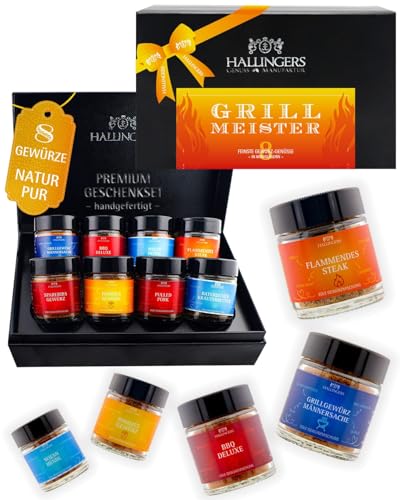 Hallingers Genuss Manufaktur BBQ Grillgewürze Geschenkset - 8 kräftige Gewürze zum Grillen & BBQ in edler Geschenkbox, Gewürze Set Grillmeister, Geschenkidee für Männer & Frauen, auch zu Weihnachten