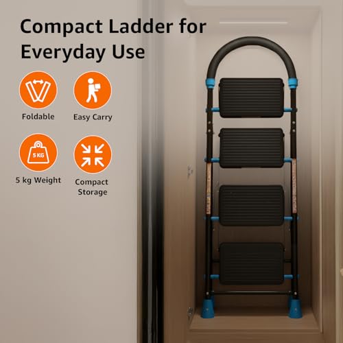 Image of Amazon Basics Curvo-Foldable Step Ladder, Ribbed Steps, Knee Guard, Non-Marring PVC Shoes, 4 Steps (Black & Blue)