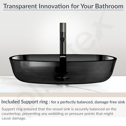 Image of Plantex Glass Basin For Bathroom /Tabletop Wash Basin /Luxury Countertop Sink For Home /Office /Hotel (21 X 16 X 4 Inch - Black)