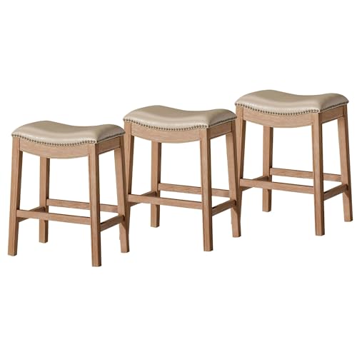Image of Maven Lane Adrien Backless Counter Stool - Set of 3 - 26 Inches - Saddle Stool with Footrest - Brown Solid Wood Frame & Beige Faux Leather Upholstery - Perfect for Kitchen Islands & Counters