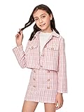 WDIRARA Girl's 2 Piece Outfits Button Front Long Sleeve Tweed Jacket and Skirt Set Pink 9Y