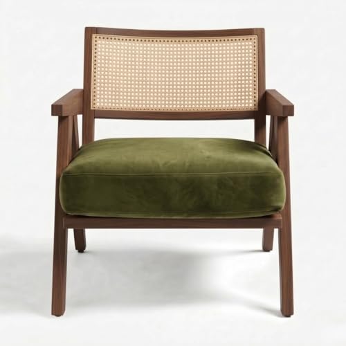 Image of Kingsman Furnitures ABEL Rattan Teak Wood Accent Arm Chair for Home Bedroom, Living, Dining, Drawing Room | Ultra Soft and Comfortable for Stress Free | Removable Cushion (Walnut Olive Green)