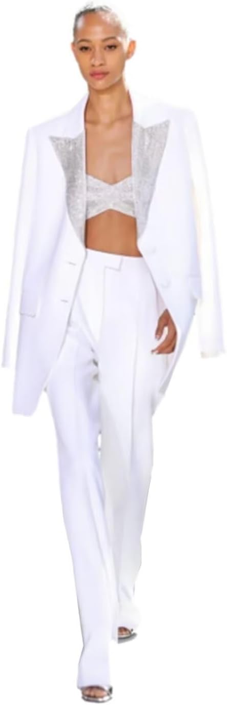 Women's Suit Jacket with Sequin Peak Lapel High Waisted Pants Two Pieces Sets Business Casual