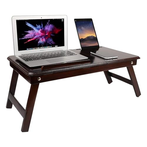 Image of VASIL MART A Versatile Laptop Table or lapdesk with a Spacious Working Area for Home That is Made of Solid Mango Wood and is Adjustable Foldable, with Phone and Tablet Holder (Dark- Brown)