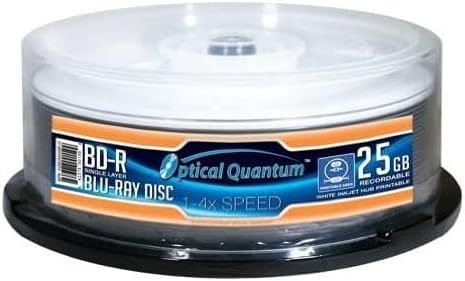 Optical Quantum 4X 25 GB BD-R White Inkjet Printable Blu-Ray Recordable Media Disc - 25 pc OQBDR04WIP-H