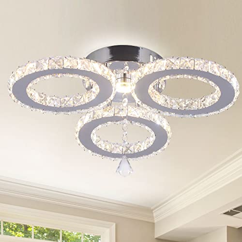 Image of diisunbihuo Dimmable LED Crystal Ceiling Light 13x3.5 Inches 3 Rings Crystal Chandelier Flush Mount Lighting Fixture for Bedroom Hobby Living Room