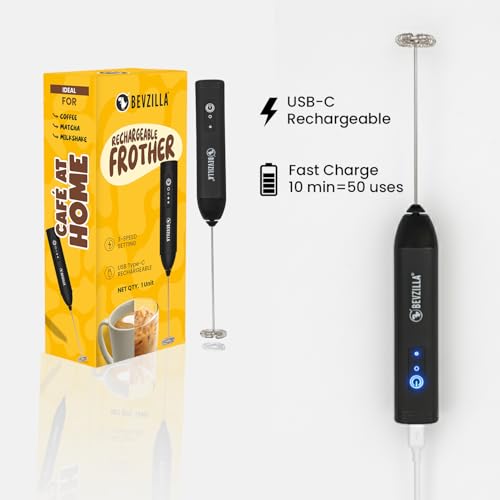 Image of Bevzilla Pack of 2 Rechargeable Electric Frother | 3-Speed Handheld Coffee Frother with Type-C Fast Charging | Ideal for Coffee, Matcha & Milkshakes | One-Touch Operation