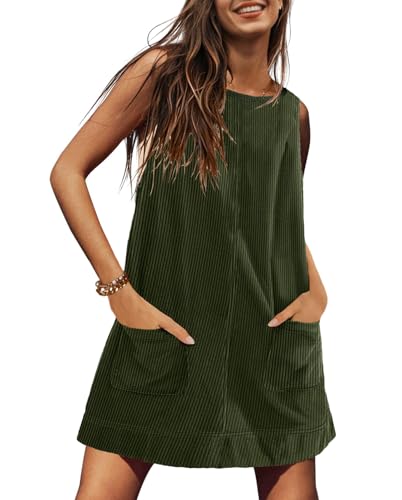 Prliuosu Cord-Overall-Kleid für Damen, A-Linie, lässig, Stretch, Pullover, Weste, Kleid, Latzhose mit Taschen, Olivgrün, X-Klein