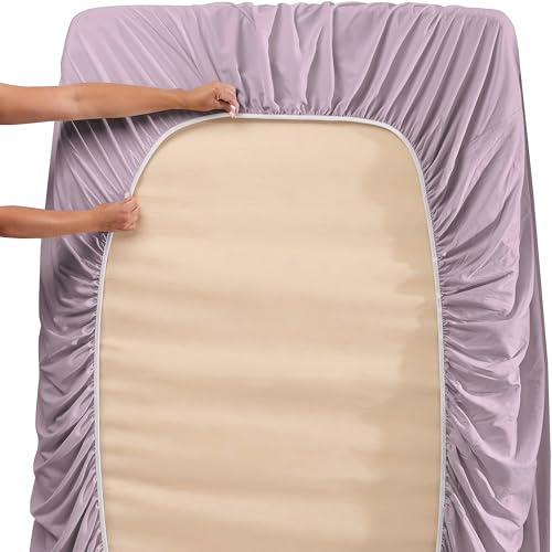 Image of Hearth & Harbor Extra Deep Pocket California King Sheets - 4 Piece Hotel Luxury California King Sheet Set Fits Up to 24 inch Mattress - Ultra Soft Luxury Bed Sheet Set - Cal King, Dusty Purple | 4 Piece Bed Sheet Set, Ultra Soft & Breathable, Fits Up to 24 inch Mattress, Hotel Luxury