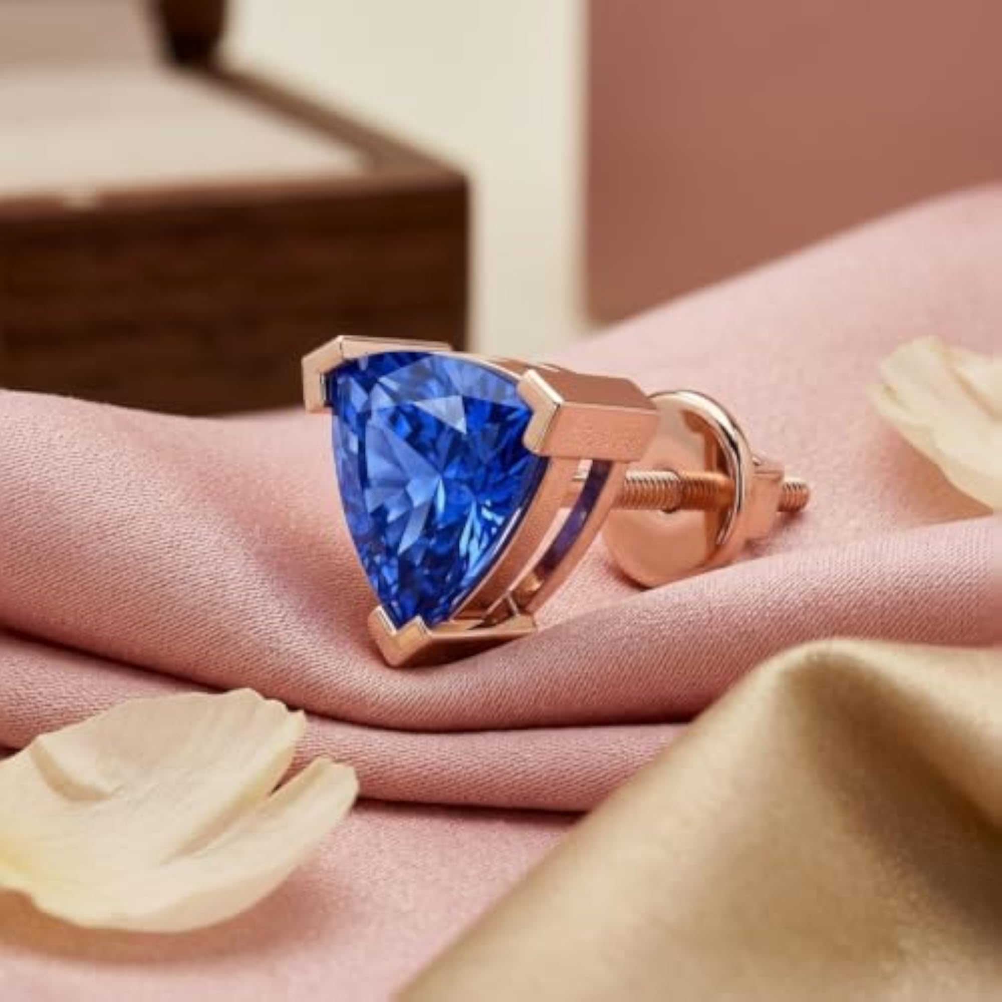 Men's Rose Gold Plated 925 Silver Triangle Shaped AAA+ Gemstone Stud Earring