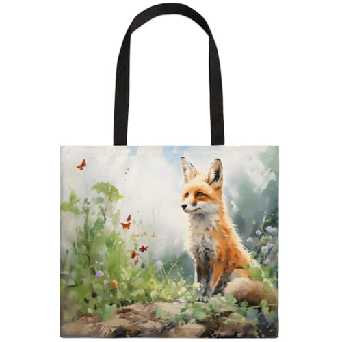 Mularoka Watercolour Fox Flower Butterfly Square Canvas Tote Bag Top Handle Purses Stylish Women Canvas Shoulder Tote Bags Reusable Handbags for Work Travel Picnic Beach Shopping Gym Hiking