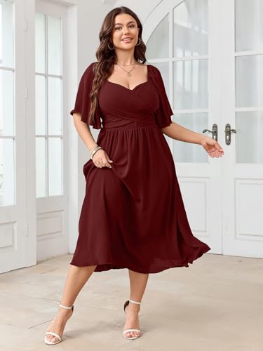 Image of SHESTARR Women's Plus Size Midi Dress Sweetheart Neck Short Sleeve Wedding Guest Cocktail A Line Flowy Dress