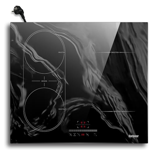 Karinear Placa de inducción de mármol con enchufe, Flexzone, 4 placas de inducción de 60 cm, montaje con control táctil, temporizador, protección infantil, apagado automático, 3500 W, 220-240 V