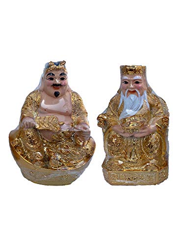 Golden CaiShen Statue, Caishen, God of Fortune, God of Wealth, Lucky and Wealthy Statue, Feng Shui Decor, Feng Shui Gift, 1 Pair (2 Statues) 7"