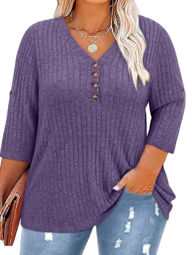 Image of Koscacy Women Plus Size V Neck 3 /4 Roll Sleeve Sweater Casual Knit Tops Solid Color Blouses