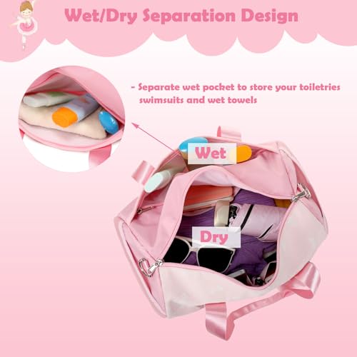 Pink Bow Ballet Bag for Girls with Plush Pendant, Shiny Girls Dance Bag Glitter Sports Duffle Bag with Shoulder Strap and Waterproof Wet Pocket for Girls4