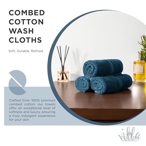 Image of Villa Celestia Cotton Washcloths Set of 6, 12x12 Inch, 100% Ring-Spun Combed Cotton, Soft Absorbent Quick-Dry Wash Cloths for Face and Body, Oeko-TEX Certified, Hotel & Spa Quality, Blue