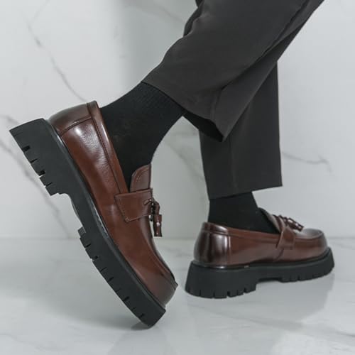 Image of Mens Leather Slip-On Platform Dress Tassels Loafers Non-Slip Low Top Round Toe Chunky Penny Shoes for Business Casual Dress Prom Party