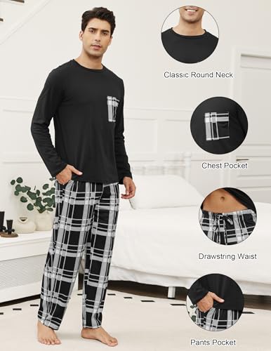 Men's Pajama Set Cotton Mens Pjs Sets Long Sleeve T-Shirt and Plaid Pants Sleepwear Lightweight Soft Loungewear3
