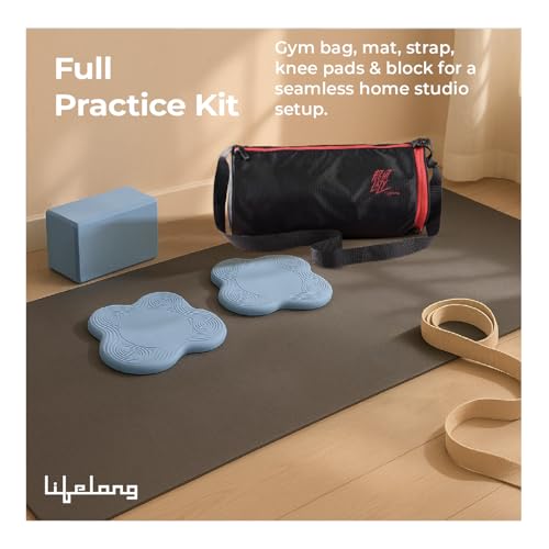Image of Lifelong Yoga combo set of 6 For Men And Women I 4mm Yoga mat, 6ft Belt, Yoga block, 2 Knee Pad, gym bag