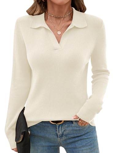 Romanstii Knitted Collared Sweaters for Women Long Sleeve V Neck