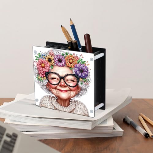 Image of DIY 5D Acrylic Diamond Painting Pen Holder - Loving Grandma Diamond Art Pen Holder Organizer, 5D DIY Desk Organizer with Beads, Pencil Organizer for Craft Desk or Gift