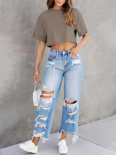 Image of Tankaneo Women Crop T-Shirts Half Sleeve Drop Shoulder Cropped Tops Y2K Casual Summer Basic Tees