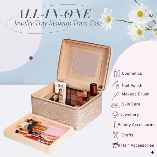 Image of Hard Craft Large Capacity Cosmetic Bags for Womens Girls Bride Multi Functional Beauty Case Wedding Makeup Jewelery Bridal Box Leather Storage Organizer Bag for Home Travel with Mirror