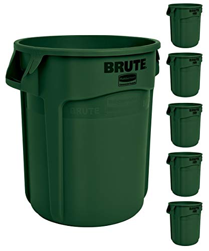 Image of Rubbermaid Commercial Products BRUTE Heavy-Duty Round Trash /Garbage Can, 20-Gallon, Green, for Landscapers /Construction Sites /Restaurants /Back of House /Offices /Warehouses, Pack of 6