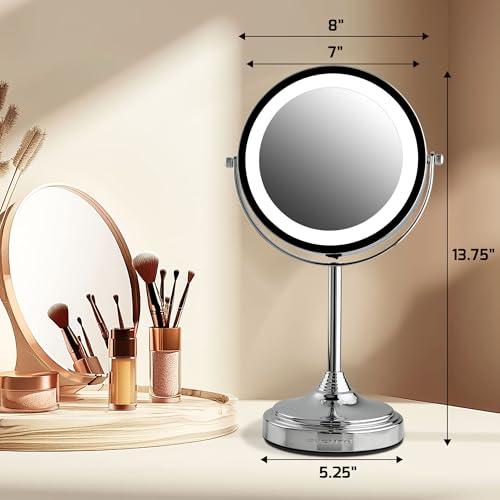 Image of OVENTE 7'' Lighted Magnifying Makeup Mirror, Polished Chrome MCT70CH1X7X | Cordless Tabletop Vanity Mirror with 1X /7X Magnification, Battery Operated, 360 Swivel Design, Cool-Tone LED Lights