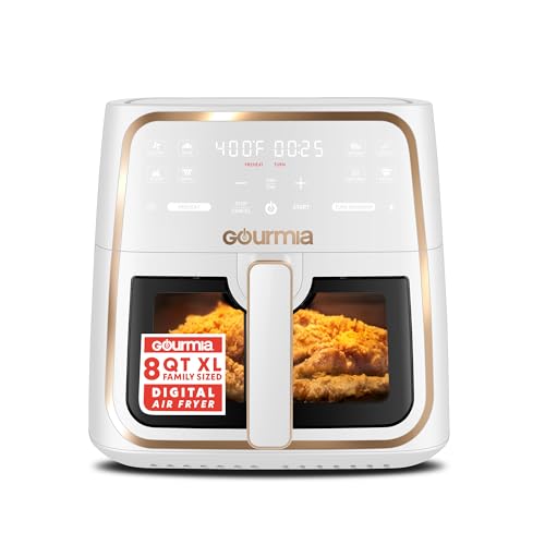Gourmia 8 Qt Air Fryer, 8 Presets with Digital Display, FryForce 360° Technology, Easy View Window & Interior Light, Dishwasher Safe Basket, White
