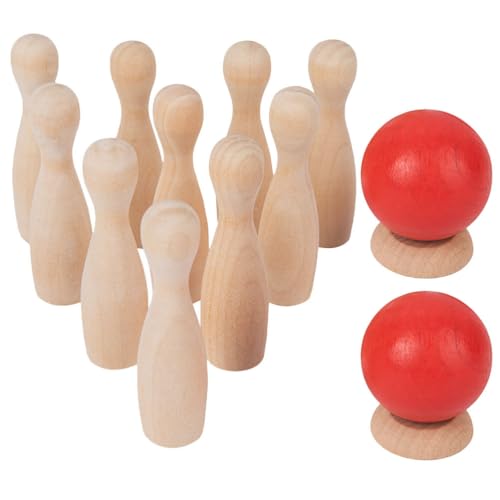 Toyvian Wooden Bowling Set for Kids and Adults - 10 Heavy Solid Wooden Pins and 2 Balls, Indoor Outdoor Mini Skittle Ball - Parent-Child Interactive Toy