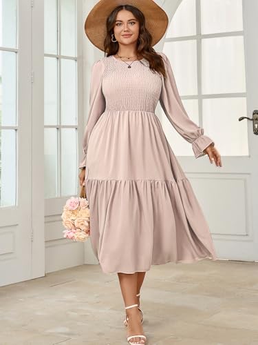 Image of SHESTARR Women's Plus Size Dress Long Sleeve Crewneck Smocked Tiered Flowy Boho Wedding Party Maxi Dresses