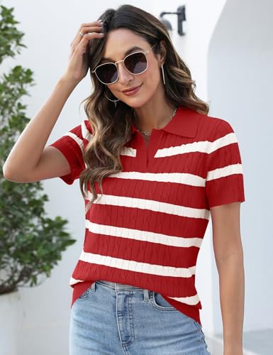 Image of Micoson Womens Short Sleeve Sweater Tops Lapel V Neck Polo Shirts 2026 Summer Cable Knit Loose Blouse Business Casual Outfits