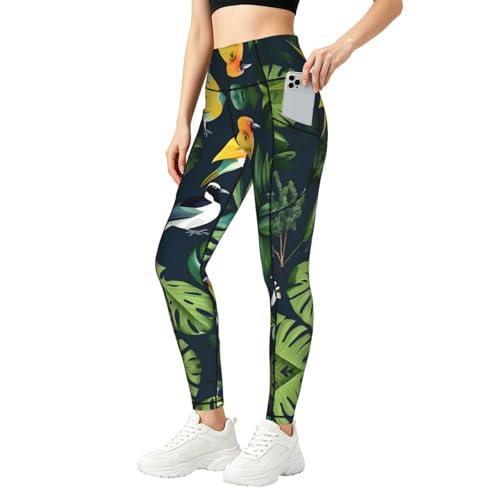 Conjuntos de entrenamiento con bolsillos para mujer y leggings con estampado tropical de hojas