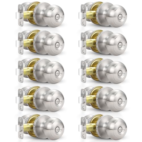 Estmoon 10 Pack Bed/Bath Room Door Knobs, Brushed Nickel Privacy Door Handle With Lock Silver Knobs With Lock For Bathroom Bedroom, Interior Doors Locksets