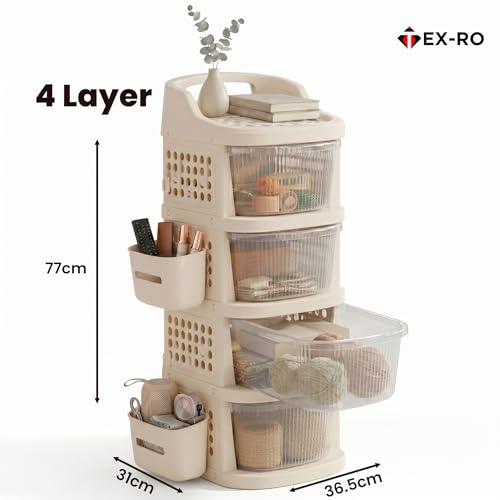 Image of TEX-RO 4 Layer Plastic Drawer Cabinet with Wheels & Side Hooks | Stackable Storage Trolley Organiser for Kitchen | Multipurpose Drawers Organisers Rack with Basket - Transparent And Ivory