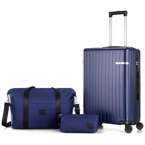 Hoteel Carry on Luggage Sets 3 Piece ABS PC Suitcases with Wheels Hardshell 20 inch Luggage with Duffel Bag Travel Bag, Dark Blue
