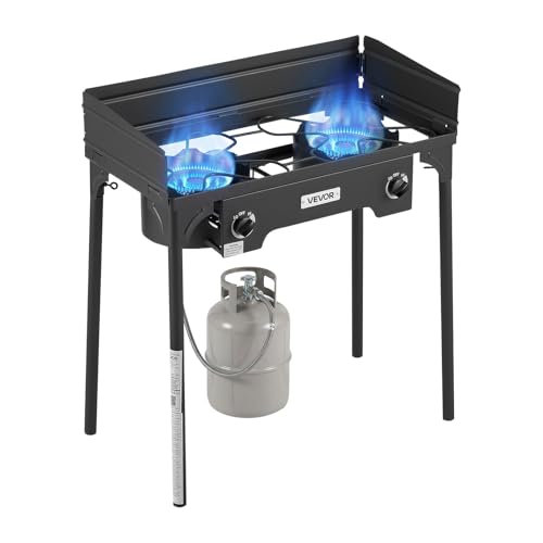 Image of VEVOR 2 Burner Outdoor Propane Gas Stove, 150,000 BTU Propane LPG Gas Camping Stove, Heavy Duty Carbon Steel Outdoor Cooker, with Shield & Tall Stand & PSI Regulator, for BBQ Camp Home Patio Backyard