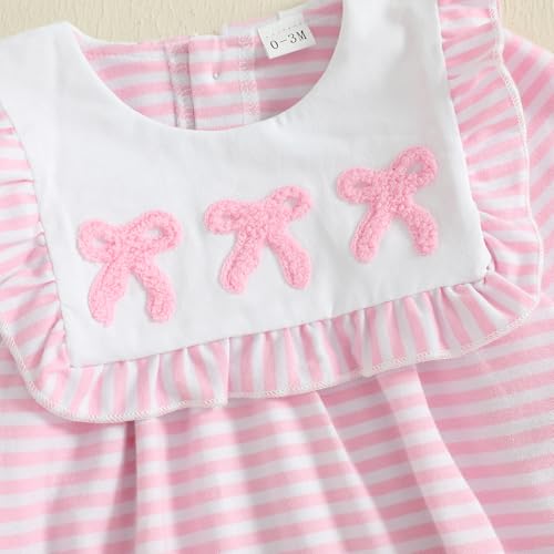 Newborn Baby Girl Fall Winter Outfit Bow Embroidered Long Sleeve Striped Square Neck Bubble Romper Infant Bodysuit4