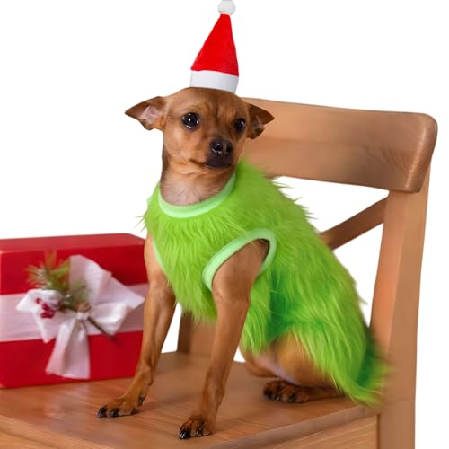 Disfraz navideño verde para perros pequeños con gorro rojo