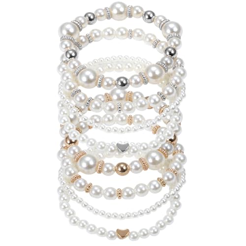 8 Pack Pearl Bracelets for Women Simulated Pearl Beaded Stackable Bracelet Set White Pearls Stretch Bracelet Set Multilayered Elastic Pearls Bracelets Bangles for Women Bridal Boho Jewelry