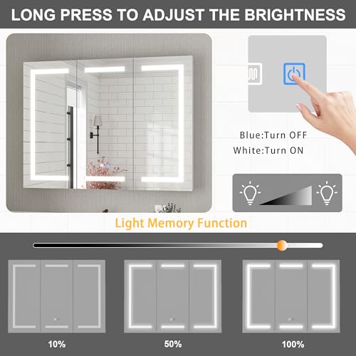 Lovinouse Modern Bathroom Medicine Cabinet Wall Mounted,47\" Bathroom Mirrors for Over Sink with Storage,LED Lights, Large Wall Mounted Mirrored Medicine Storage Cabinets w/Adjustable Shelves,White - Thumbnail 7