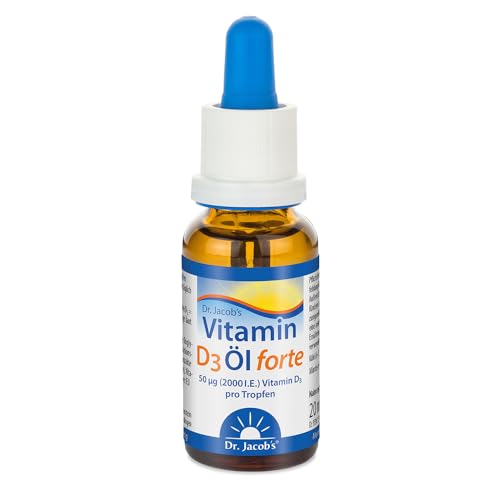 Dr. Jacob's Vitamin D3 Öl forte 20 ml | Vitamin D hochdosiert mit 2000 I.E. (50 µg) pro Tropfen | optimale Bioverfügbarkeit | Vitamin D Tropfen | 640 Tropfen (1.280.000 I.E.)