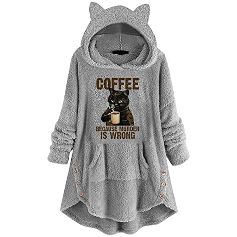 Hoodies for Women Long Sleeve Cat Coffee Cup Print Shirts Pullover Hoodie Fleece Cute Printed Loose With Pockets Hooded Sweatshirt Tops Ladies Cat Hoodie Dino Hoodie Cover
