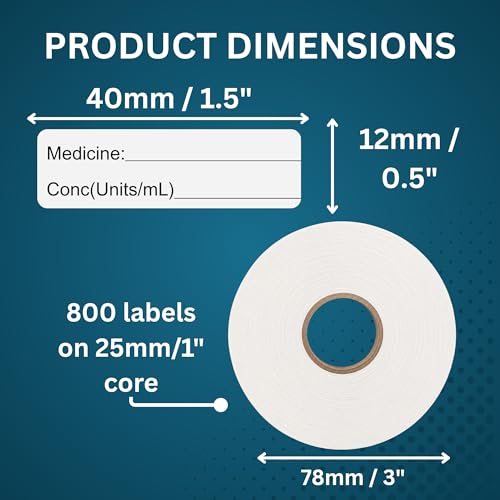 Image of White Medicine Syringe Labels (Units /mL) - 800 Medication Label Stickers, 12mm x 40mm, for Hospitals, Pharmacy & Vet
