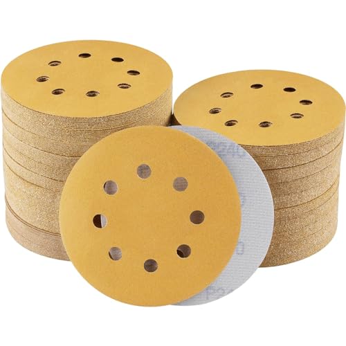 Sruhrak 100 Pcs 125mm Sanding Discs, 240 Grit Nylon Adhesive Sanding Pads 5 Inch 8 Hole Hook and Loop Sanding Disc for Orbital Sander