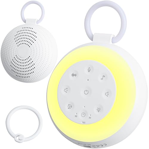White Noise Machine Baby, Tragbare Einschlafhilfe Babys mit Aufnahmefunktion, 24 Beruhigende Schlaflieder & Naturgeräusche, 3 Timer-Einstellungen, 7 Bunte Beleuchtung & USB, für kinderwagenschaukler