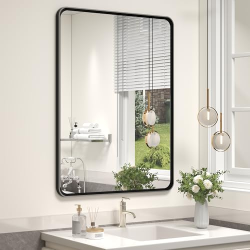 OKPAL 24X32 Inch Black Metal Framed Bathroom Mirror for Wall, Rounded Rectangle Matte Black Vanity Mirror for Bedroom with Beveled Border, Anti-Rust, Shatterproof (Horizontal/Vertical) by OKPAL - Used condition - US$42.58